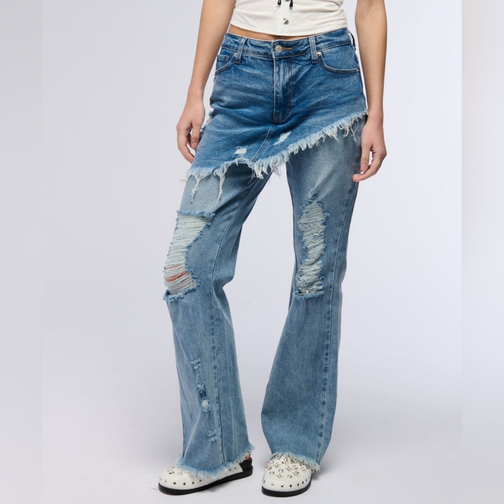 Callie Lives Stasia YMe AKIRA Distressed Skirt Straight Leg Denim Jeans 3 - Picture 7 of 8